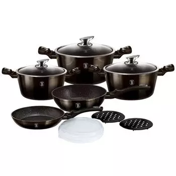 Набор посуды Berlingerhaus с мраморной поверхностью 13 шт. Коллекция Shiny Black BH-6615, черный