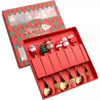 Набор посуды из рождественской ложки из 6 предметов, десертная вилка из нержавеющей стали, ложка, посуда для украшения рождественской вечеринки, стиль: A Qugou GmbH