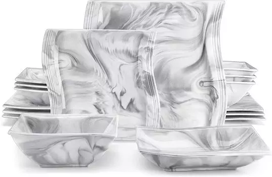 Набор посуды MALACASA на 4 персоны, серия столовых сервизов мраморно-серого цвета, 16 предметов, серия FLORA, квадратный комбинированный набор сервизов с 4 обеденными тарелками, 4 десертными тарелками, 4 суповыми тарелками и 4 мисками