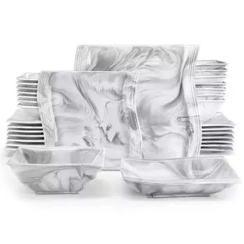 Набор посуды MALACASA на 8 персон, сервиз мраморно-серого цвета, 32 предмета, серия FLORA, квадратный комбинированный набор сервизов из 8 обеденных тарелок, 8 десертных тарелок, 8 суповых тарелок и 8 мисок