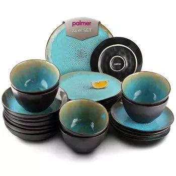 Набор посуды Palmer LOTUS на 6 человек, современный обеденный сервиз на 24 предмета, высококачественный комбинированный сервиз из керамики, можно мыть в посудомоечной машине, можно использовать в духовке и микроволновой печи, бирюзовый