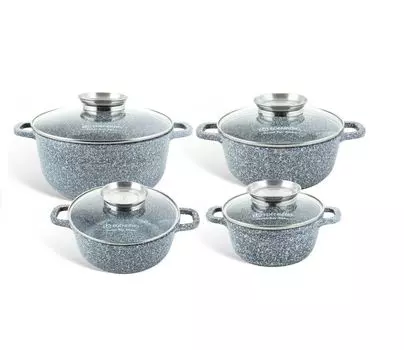 Набор серых кастрюль, 8 предметов, кастрюля для компота, суповая кастрюля, кастрюля, керамические мраморные индукционные кастрюли, СТЕКЛЯННАЯ КРЫШКА (1,3 л / 2,3 л / 4,5 л / 6,8 л) EDENBERG