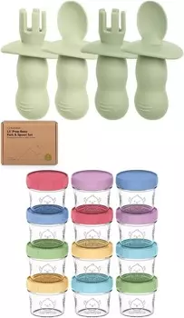 Набор силиконовых детских ложек и вилок Keababies из 4 упаковок и стеклянные контейнеры для детского питания из 12 упаковок
