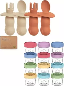 Набор силиконовых детских ложек и вилок Keababies из 4 упаковок и стеклянные контейнеры для детского питания из 12 упаковок — детская ложка для самостоятельного кормления