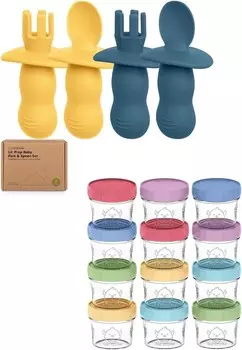 Набор силиконовых детских ложек и вилок Keababies из 4 упаковок и стеклянные контейнеры для детского питания из 12 упаковок — детская ложка для самостоятельного кормления