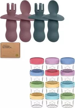Набор силиконовых детских ложек и вилок Keababies из 4 упаковок и стеклянные контейнеры для детского питания из 12 упаковок — детская ложка для самостоятельного кормления
