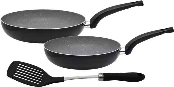 Набор сковород Elo "Доломит", алюминий, (набор, 3 предмета, 1x сковорода 20 см - В. 4,5 см, 1x сковорода 24 см - В. 5,0 см), индукционная, включая ворошитель, черный
