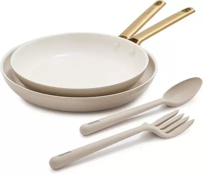 Набор сковород Green Pan Reserve диаметром 10 и 12 дюймов, силиконовая ложка и вилка, здоровое керамическое антипригарное покрытие, не содержит ПФАС и ПФОК, можно мыть в посудомоечной машине и духовке, темно-серый цвет GreenPan, Taupe