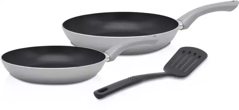 Набор сковород Krger "Набор алюминиевых сковородок Лондон, 3 шт.", алюминий, (набор, 3 шт, по 1 сковороде 20/28 см, 1 лопаточка), подходит для индукционных плит 28 см, серый