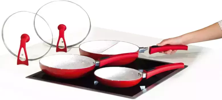 Набор сковород MediaShop "Duo 2 Magic Premium", керамика, (набор, 3 предмета, 1x сковорода 20 см, 1x сковорода 24 см, 1x сковорода 28 см), индукционная, красный