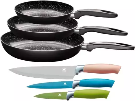 Набор сковородок KING, алюминий, (набор, 6 предметов, 3 сковороды, 3 ножа), индукция, керамическое покрытие 28 см, черный