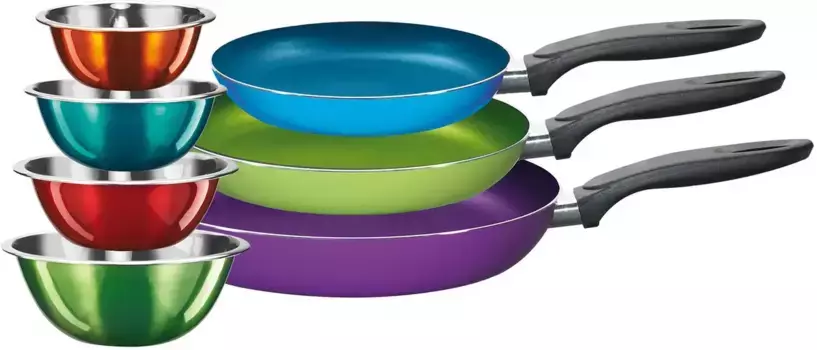 Набор сковородок KING, алюминий, (набор, 7 предметов, 3 сковороды, 4 миски), индукция, керамическое покрытие 28 см, цвет bunt