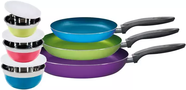 Набор сковрод KING "Kchenstart", алюминий, (набор, 9 предметов, 3 чаши, 3 пластиковые крышки, 3 кастрюли), индукция, керамическое покрытие 28 см, цвет bunt