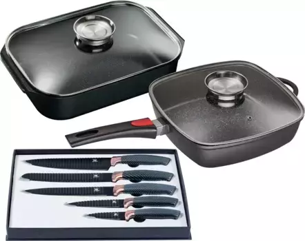 Набор сковрод KING "Квадратная", литой алюминий, (набор, 7 предметов, 1х угловая кастрюля 28х28 см, 1х жаровня 40х26 см, 1х набор ножей (5 шт.), индукционная, включая набор ножей 28 см, черный