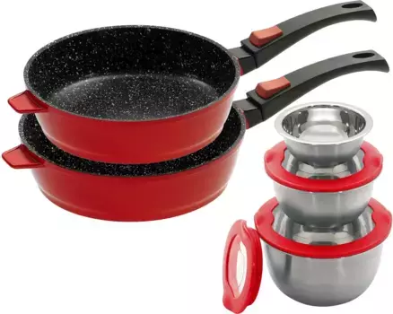 Набор сковрод KING, литой алюминий, (набор, 8 предметов, по 1 кастрюле 24/28 см, 3 чаши 17,5 / 14,5 / 12 см с крышкой), индукция, съемные ручки для кастрюли, набор чаш 28 см, красный