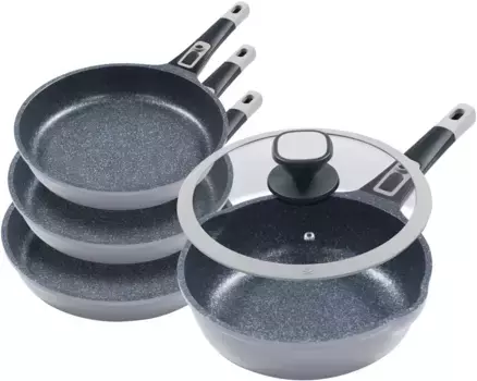 Набор сковрод KING "Moonscape", литой алюминий, (набор, 5 предметов, по 1 кастрюле 20/24/28/28 см, В: 4,5/5/5,5/8,5 см, - 1/1,9/2,5/4 л) , съемная ручка, покрытие MOONSCAPE, индукционная 28 см, серый