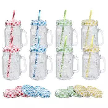 Набор стаканов WELLGRO разноцветный с крышкой и соломинкой, 500 мл, вкл. сменные крышки, многоразовые стаканы для коктейлей, стеклянные чашки, количество: 8 шт