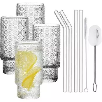 Набор старинных стаканов для лонг-дринков с тиснением и стеклянными трубочками, 325 мл. Набор из 4 стаканов, винтажных стаканов для воды и чистящей щеточки, можно мыть в посудомоечной машине Sonstige