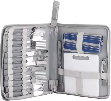 Набор столовых приборов для пикника на открытом воздухе BRUBAKER с разделочной доской и открывалкой для бутылок для 4 человек в походе и путешествии - компактный в футляре 23 4 29 см - серый