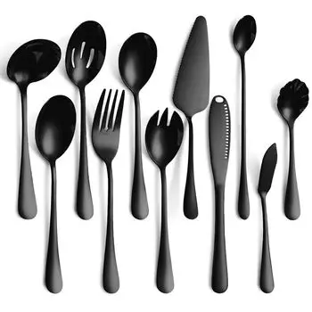 Набор столовых приборов из 11 предметов, посуда из нержавеющей стали, сервировка стола, ложка, вилка, сито, нож для масла (черный) winterbeauy