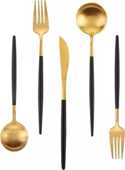 Набор столовых приборов из матового золота с черной ручкой IBIILII JEFF, Matte Gold With Black Handle