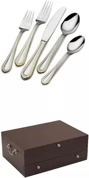Набор столовых приборов из нержавеющей стали Mikasa Regent Bead Gold, 65 предметов, комод для хранения столовых приборов размером 12 и 15 дюймов с выдвижным ящиком