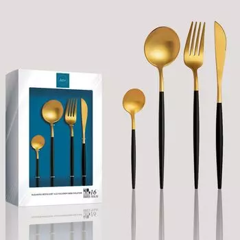 Набор столовых приборов Kadum "Vannesn", 16 предметов, из матовой нержавеющей стали и столовых приборов золотого цвета с черной ручкой