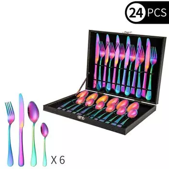 Набор столовых приборов на 6 человек, радужные столовые приборы из высококачественной нержавеющей стали, красочный набор столовых приборов из 24 предметов с подарочной коробкой для семей, отелей, ресторанов yozhiqu
