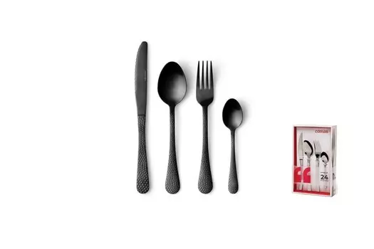 Набор столовых приборов, столовые приборы, столовые приборы, столовые приборы, черный матовый, 24 предмета, 6 персон, нож, вилка, ложка, кофейная ложка, чеканное PVD-покрытие, нержавеющая сталь, Comas Luna