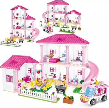 Набор строительных блоков для девочек, розовый кукольный домик с садовой виллой, строительные блоки для вечеринки, дом 06 Emes