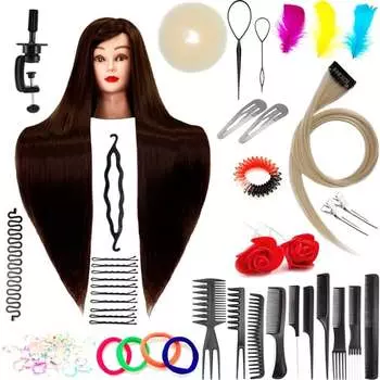 Набор тренировочных головок Ilsa 60 Brown, синтетические волосы + 80 аксессуаров + ручка, парикмахерская насадка для расчесывания, насадка для упражнений, Calissimo