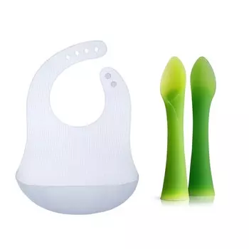 Набор тренировочных ложек Olababy (лайм/капуста) + силиконовый детский нагрудник Fold N Go с дорожным футляром (черника)