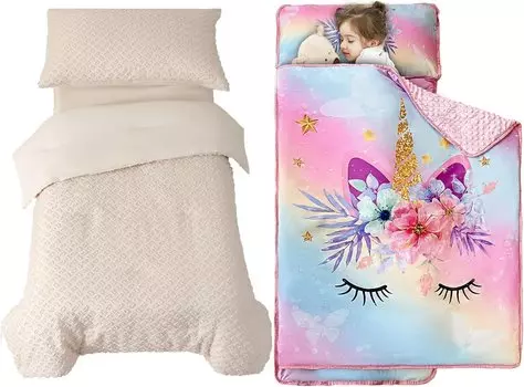 Набор VIVILINEN из 4 предметов: комплект постельного белья для малышей бежевого цвета с тафтингом и коврики для сна в виде радужного единорога для детского сада