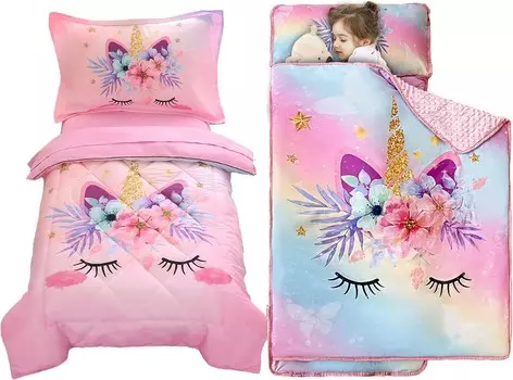 Набор VIVILINEN из 4 предметов: комплект постельного белья для малышей «Розовый единорог» и коврики для сна «Радужный единорог» для детского сада