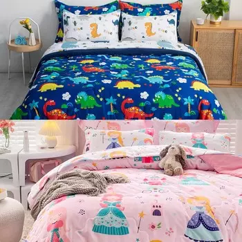 Набор Wajade из 7 предметов: детский комплект одеял с динозаврами для мальчиков и детский розовый комплект одеял принцессы в сумке, полный размер