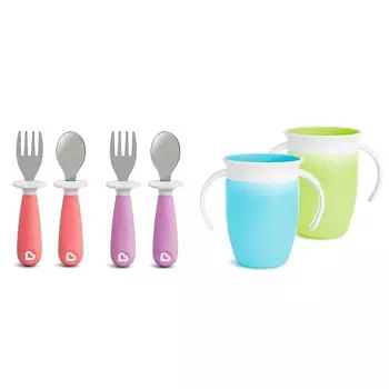 Набор вилок и ложек для малышей Munchkin® Raise TM, 4 упаковки и чашка-поильник Miracle® 360 Trainer, 2 упаковки, 7 унций