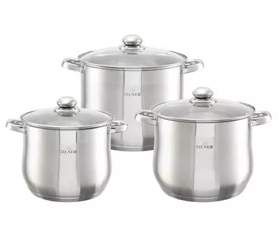 Набор Zilner из 6 предметов из нержавеющей стали, три кастрюли, все виды плит, индукция, идеален в подарок, современный дизайн, функциональность Zl-7351 10л/13,5л/16л, серебро