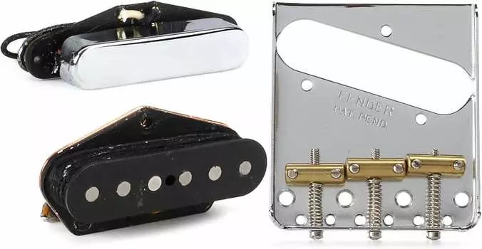 Набор звукоснимателей Fender Original Vintage Telecaster из 2 предметов в комплекте с 3-мя седлами Fender American Vintage Telecaster Bridge в сборе — хром 0990806100=1 0992119000=1