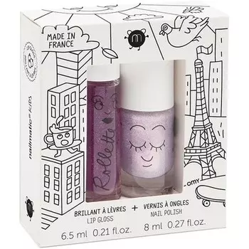 Nailmatic Детский набор Lovely City, детский лак для ногтей + блеск для губ Fruity - нетоксичный лак для ногтей для девочек - розовый жемчужный лак для ногтей + натуральный ежевичный блеск для губ - от 5 лет