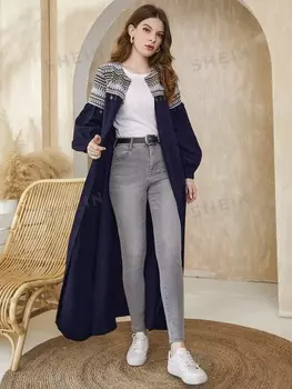 Najma Abayas Геометрический принт, металлические детали, рукава-фонарики, ремень Shein, темно-синий