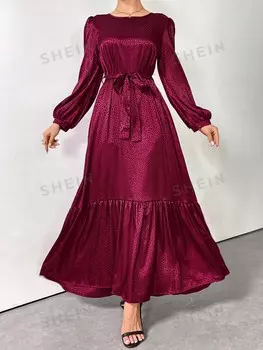 Najma Элегантное Женское платье в арабском стиле с круглым вырезом, рукавами-фонариками и оборками по подолу Shein, белый/бордовый