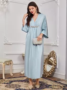 Найма Кафтан Топ Рубашка с рукавами «летучая мышь», стразы, жемчужный декор Shein, пастельно-синий