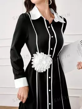 Najma Красивое платье с объемным рисунком контрастных цветов и цветочным узором Для ношения весной и осенью Shein, черный