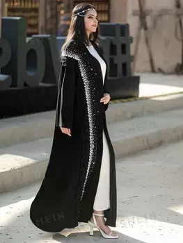 Najma Платье-абая с узором в виде синих звезд Фата ручной работы из бисера, украшенная рюшами, для мусульман, модная абая Shein, черный