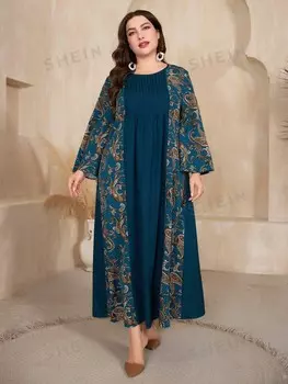 Najma Платье больших размеров с рисунком пейсли, Длинные рукава Shein, индиго/сине-зеленый