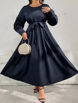 Najma Платье больших размеров с круглым вырезом и Длинными рукавами, запонками и завязками Shein, черный