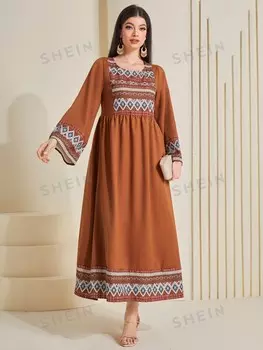 Najma Платье с геометрическим узором, круглый вырез, халат, арабский Shein, ржаво-коричневый