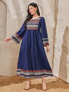 Najma Платье с геометрическим узором, круглый вырез, халат, арабский Shein, темно-синий
