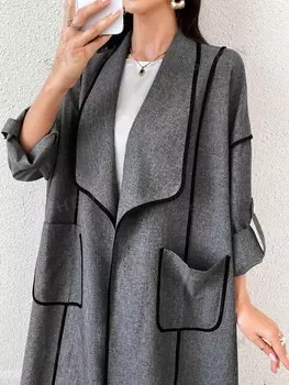 Najma Женская абайя с длинными рукавами, большим воротником, контрастной кружевной отделкой и карманами Shein, серый