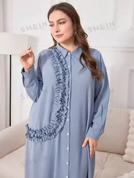 Najma Женская однобортная арабская одежда больших размеров с однотонными длинными рукавами и плиссированной отделкой Shein, пастельно-синий